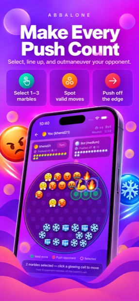 A game in progress with selected marbles highlighted and valid moves marked on the board.