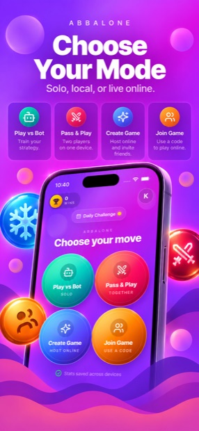Home screen offering four ways to play: vs bot, pass and play, create game, and join game.